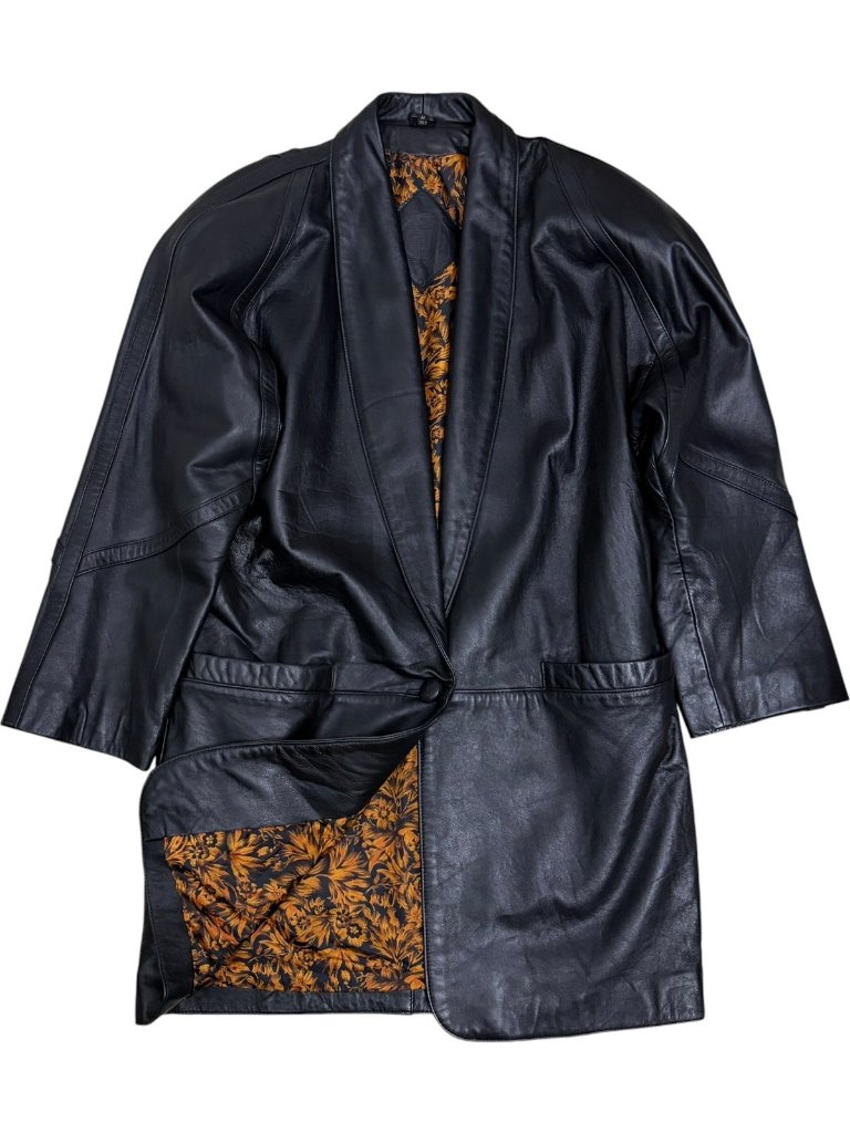 J Ferrar Leather Coat Trench Vintage Retro Black Long Jacket Womens Medium